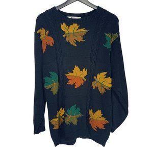 Vintage 90s Black Knit Autumn Leaves Pull Over Sweater Large